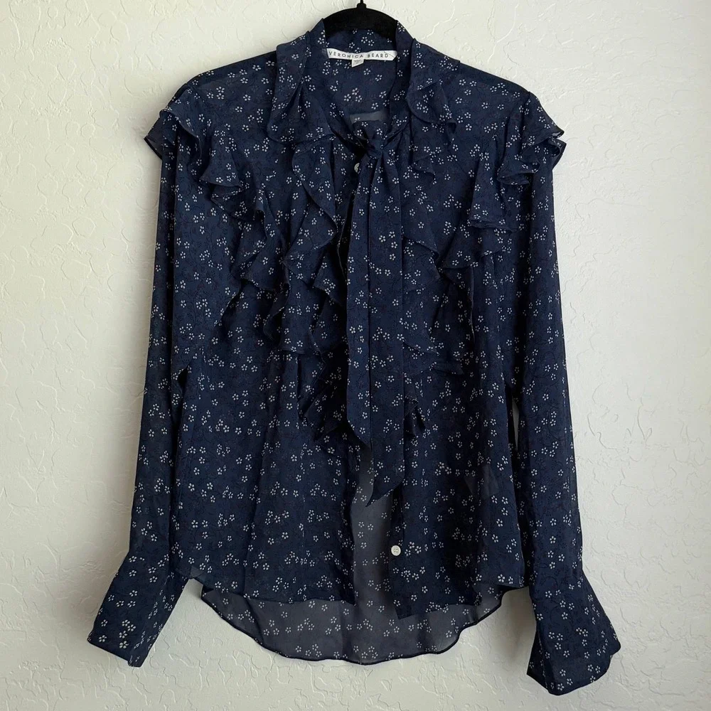 Veronica Beard Women's Finley Ruffled Tie Neck Floral Printed Blouse Navy Sz 10 - Picture 2 of 10